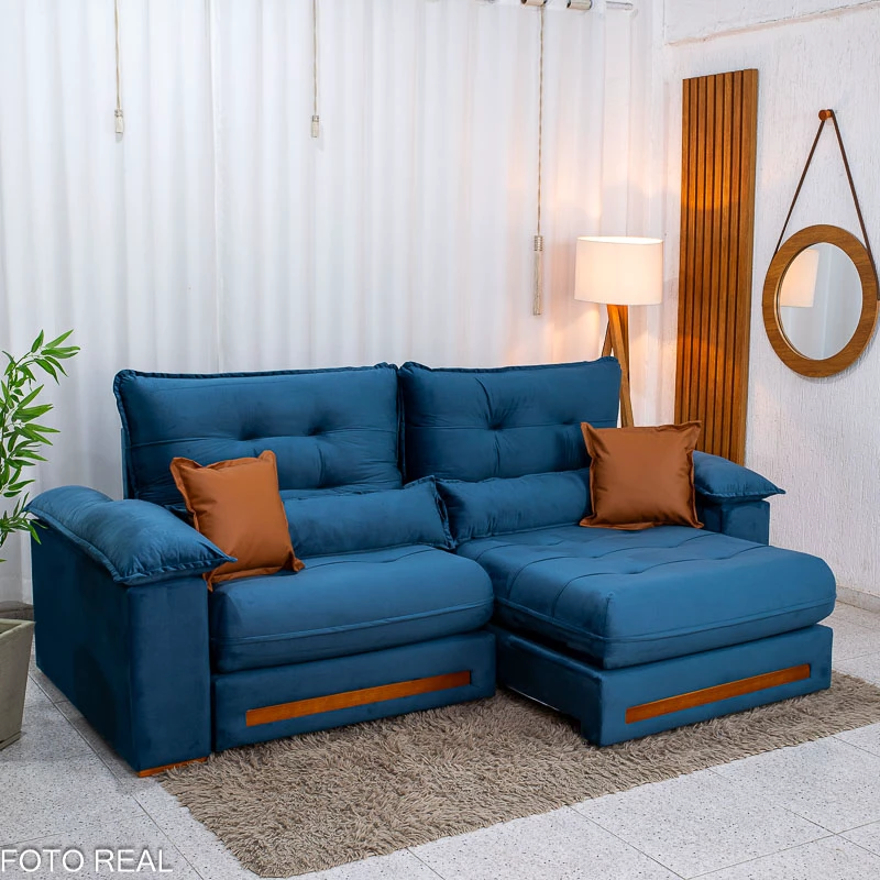 Sofá Retrátil Reclinável Imperial 2.50m Veludo Azul 03 - D33 e Molas Ensacadas