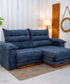 Sofá Retrátil Reclinável Itauna 2.30m Chenille Azul 575 - Molas Ensacadas