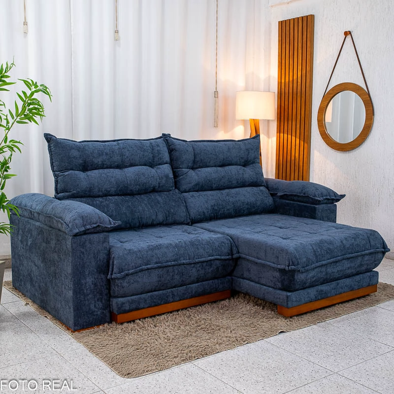 Sofá Retrátil Reclinável Itauna 2.50m Chenille Azul 575 - Molas Ensacadas