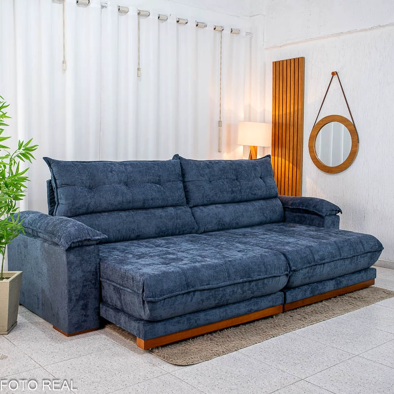 Sofá Retrátil Reclinável Itaúna 2.90m Chenille Azul 575 - Molas Ensacadas