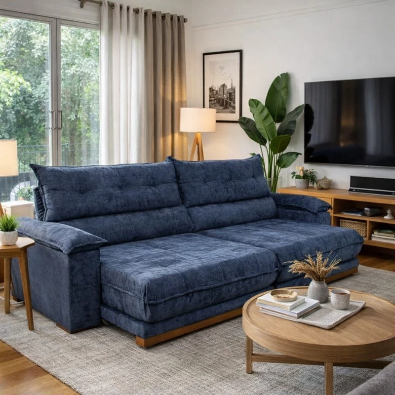 Sofá Retrátil Reclinável Itaúna 2.90m Chenille Azul 575 - Molas Ensacadas - Imagem 9