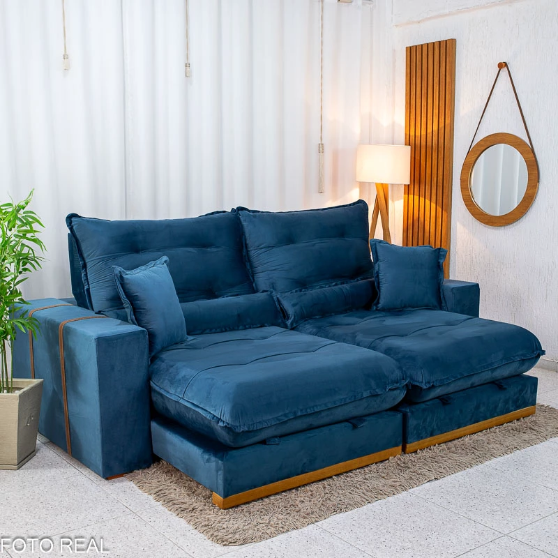 Sofá Retrátil Reclinável Mônaco 2.50m Veludo Azul A16 - Molas Ensacadas - Imagem 7
