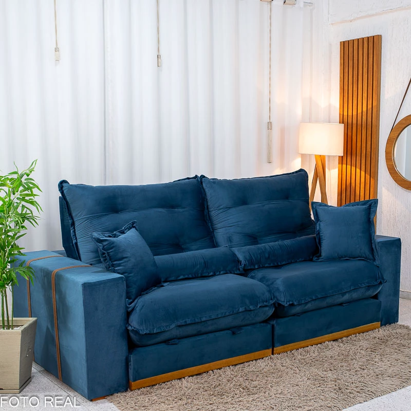 Sofá Retrátil Reclinável Mônaco 2.50m Veludo Azul A16 - Molas Ensacadas - Imagem 5