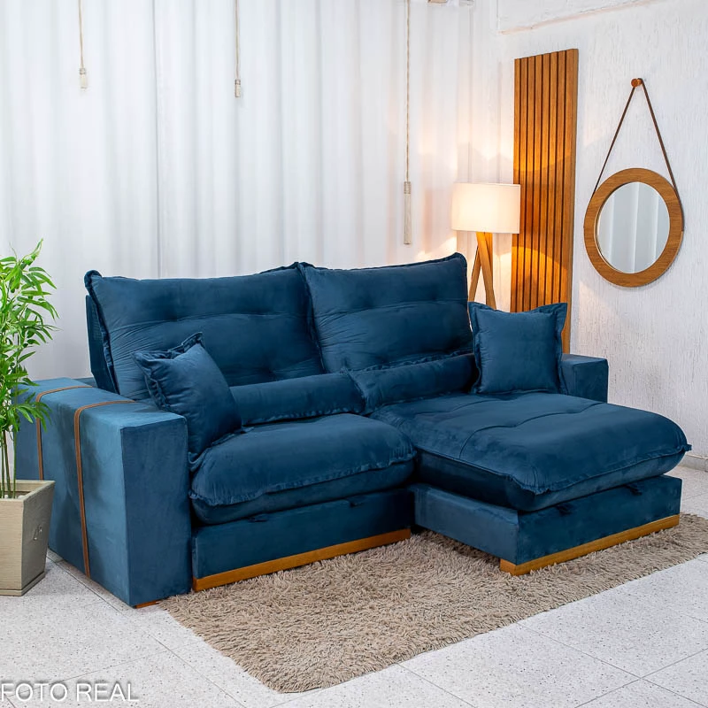 Sofá Retrátil Reclinável Mônaco 2.50m Veludo Azul A16 - Molas Ensacadas