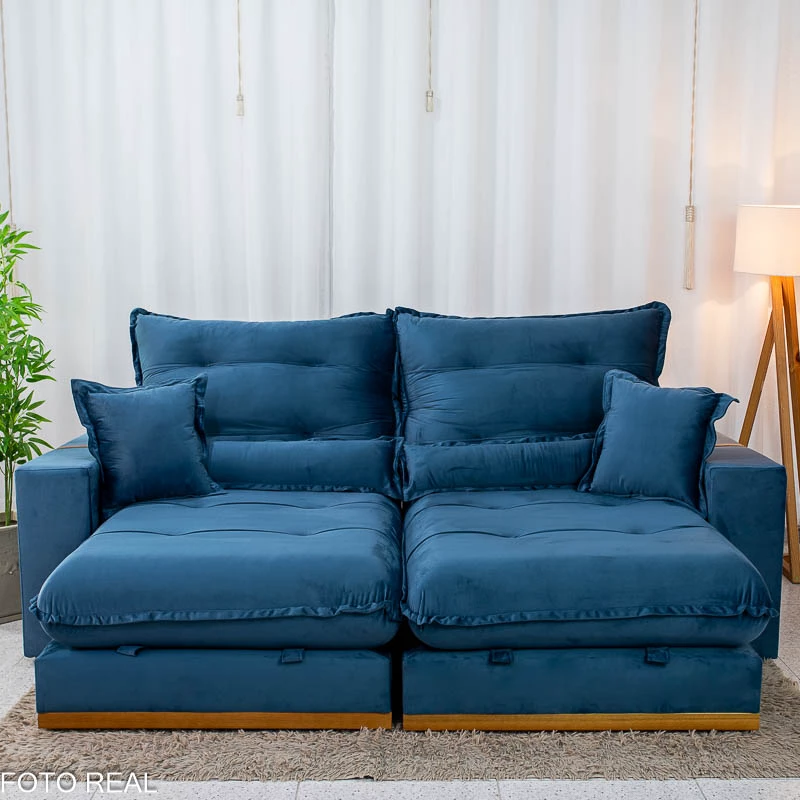 Sofá Retrátil Reclinável Mônaco 2.50m Veludo Azul A16 - Molas Ensacadas - Imagem 6