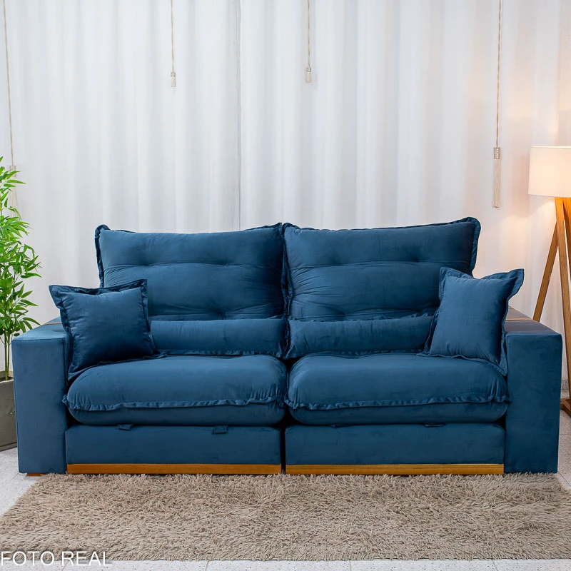 Sofá Retrátil Reclinável Mônaco 2.50m Veludo Azul A16 - Molas Ensacadas - Imagem 3