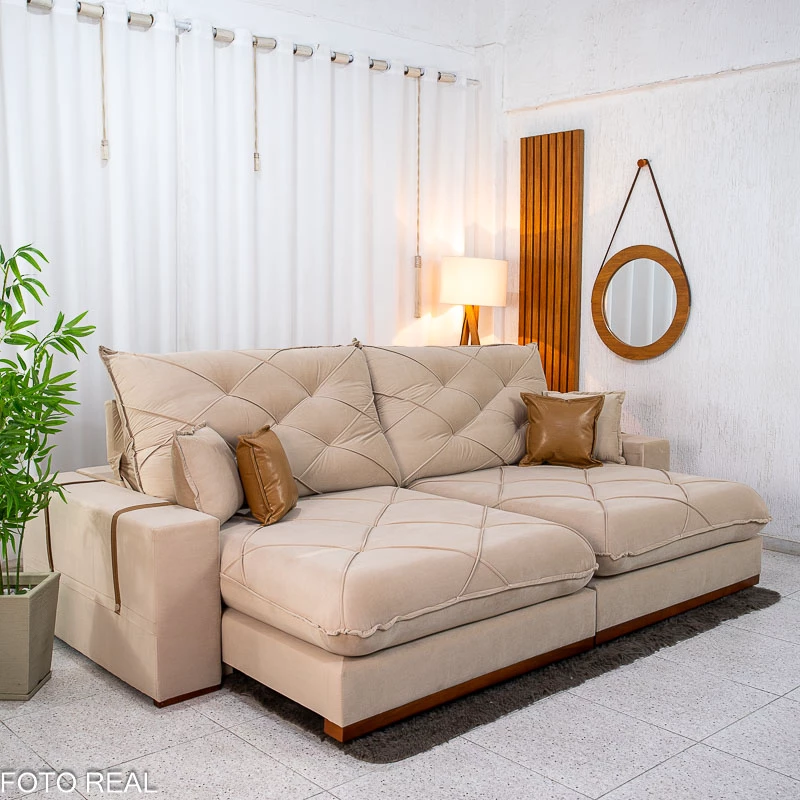 Sofá Retrátil Reclinável Malibu 2.90m Veludo Bege 827 - D33 e Molas Ensacadas - Imagem 2