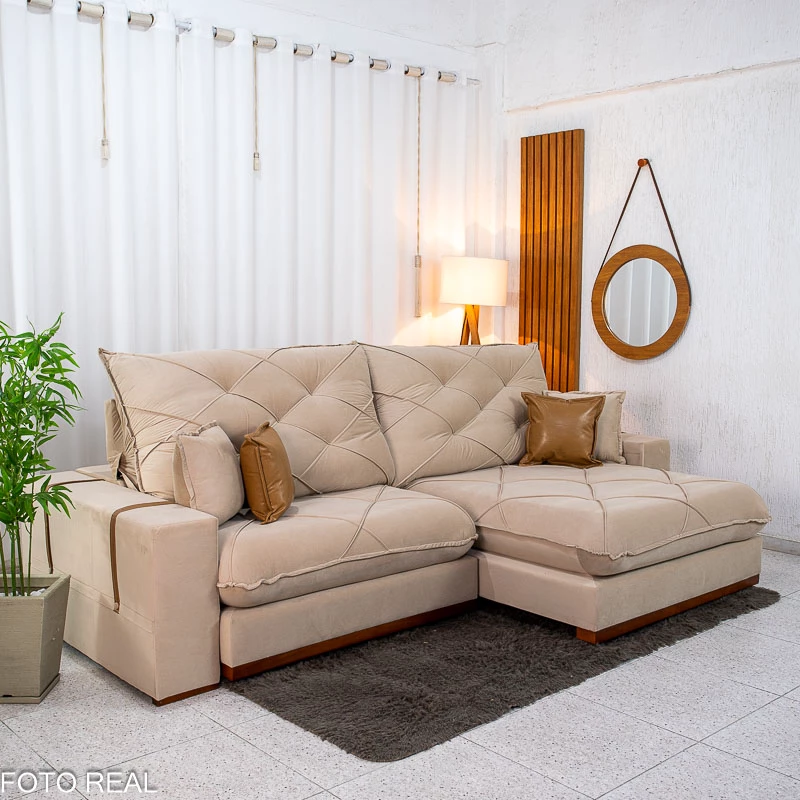 Sofá Retrátil Reclinável Malibu 2.90m Veludo Bege 827 - D33 e Molas Ensacadas