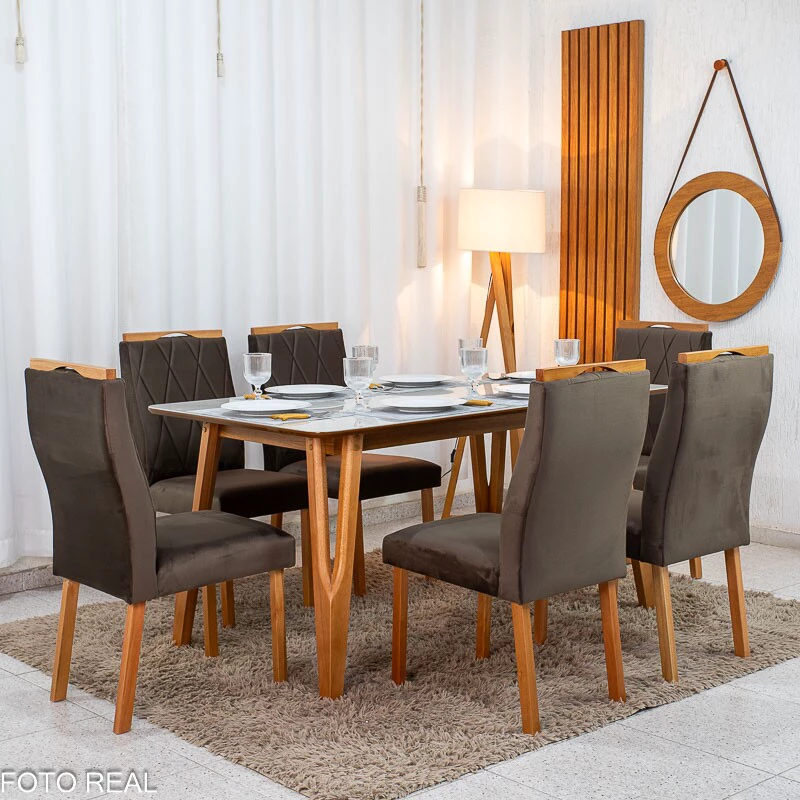 Mesa de Jantar Siena 160x90 Vidro Off/Base Madeira + 6 Cad. Lisboa Veludo Marrom 509 Madeira Art Assento - Entregue Montada - Imagem 2