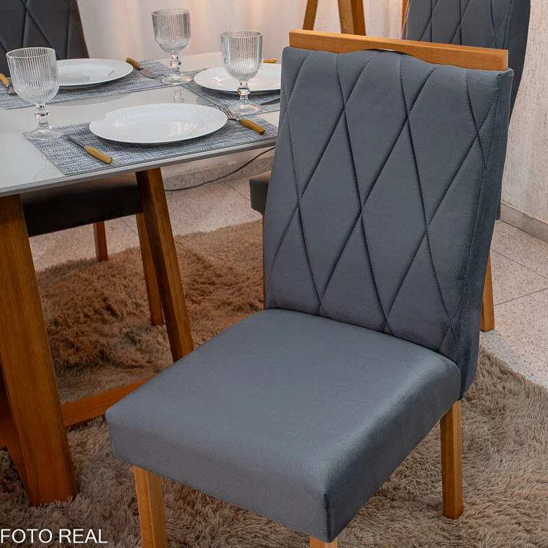 Mesa de Jantar Pedro 160x80 Vidro Off/Base Madeira + 6 Cad. Lisboa Veludo Cinza 507 Madeira Art Assento - Entregue Montada - Imagem 2
