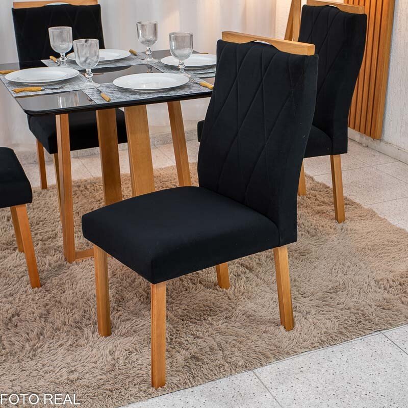 Mesa de Jantar Pedro 90x90 Vidro Preto/Base Madeira + 4 Cad. Lisboa Veludo Preto 504 Madeira Art Assento - Entregue Montada - Imagem 6