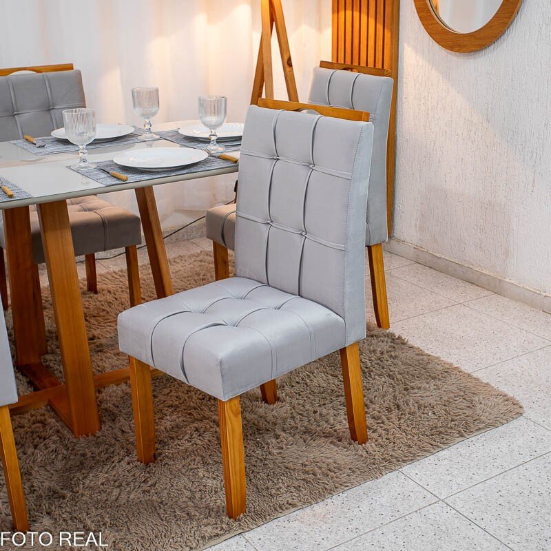 Mesa de Jantar Bali 160×80 Vidro Off/Base Madeira + 6 Cad. Londres Veludo Prata Madeira Minas Plac - Entregue Montada - Imagem 7