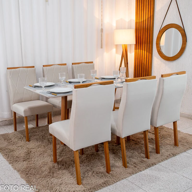 Mesa de Jantar Pedro 160×80 Vidro Off/Base Madeira + 6 Cad. Lisboa Veludo Bege 512 Madeira Art Assento - Entregue Montada - Imagem 6