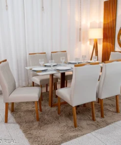 Mesa de Jantar Pedro 160×80 Vidro Off/Base Madeira + 6 Cad. Lisboa Veludo Bege 512 Madeira Art Assento - Entregue Montada