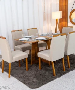 Mesa de Jantar Dubai Tampo Londres Cinamomo 160x80 Cel Móveis + 6 Cad. Isabela Linho Bege 01 Madeira KM Decor - Entregue Montada