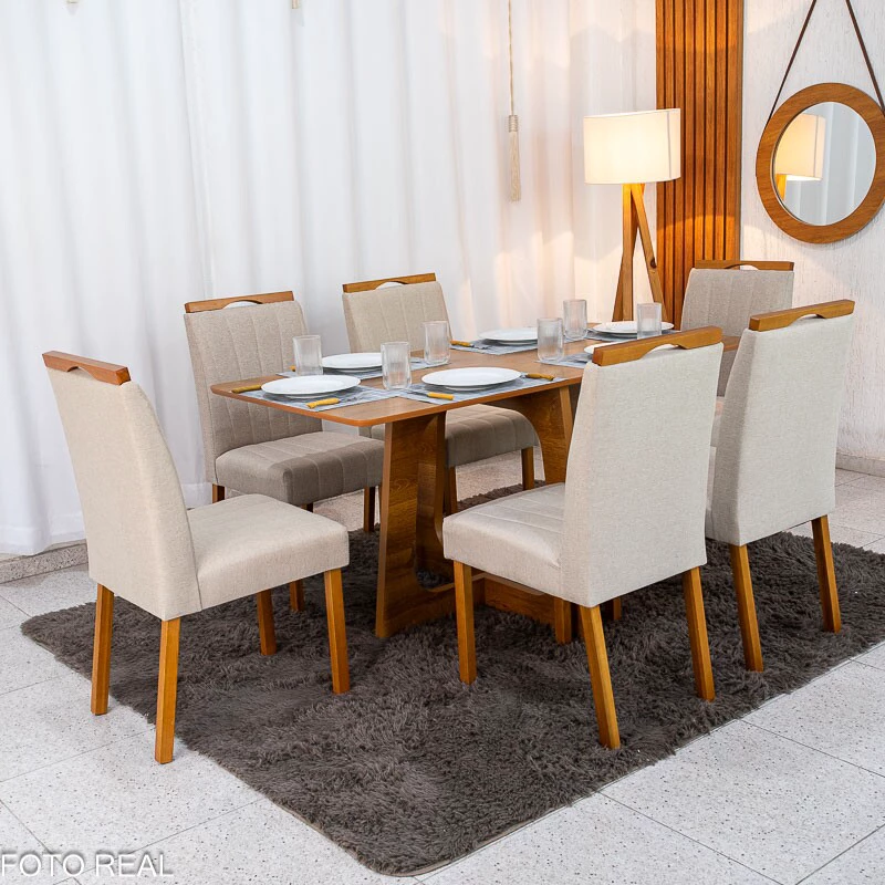 Mesa de Jantar Dubai Tampo Londres Cinamomo 160x80 Cel Móveis + 6 Cad. Isabela Linho Bege 01 Madeira KM Decor - Entregue Montada