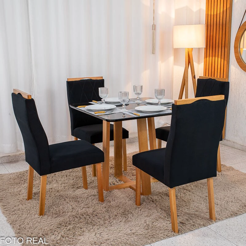 Mesa de Jantar Pedro 90x90 Vidro Preto/Base Madeira + 4 Cad. Lisboa Veludo Preto 504 Madeira Art Assento - Entregue Montada