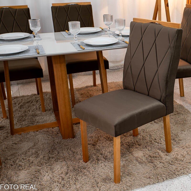Mesa de Jantar Pedro 160×80 Vidro Off/Base Madeira + 6 Cad. Lisboa Veludo Marrom 509 Madeira Art Assento - Entregue Montada - Imagem 7
