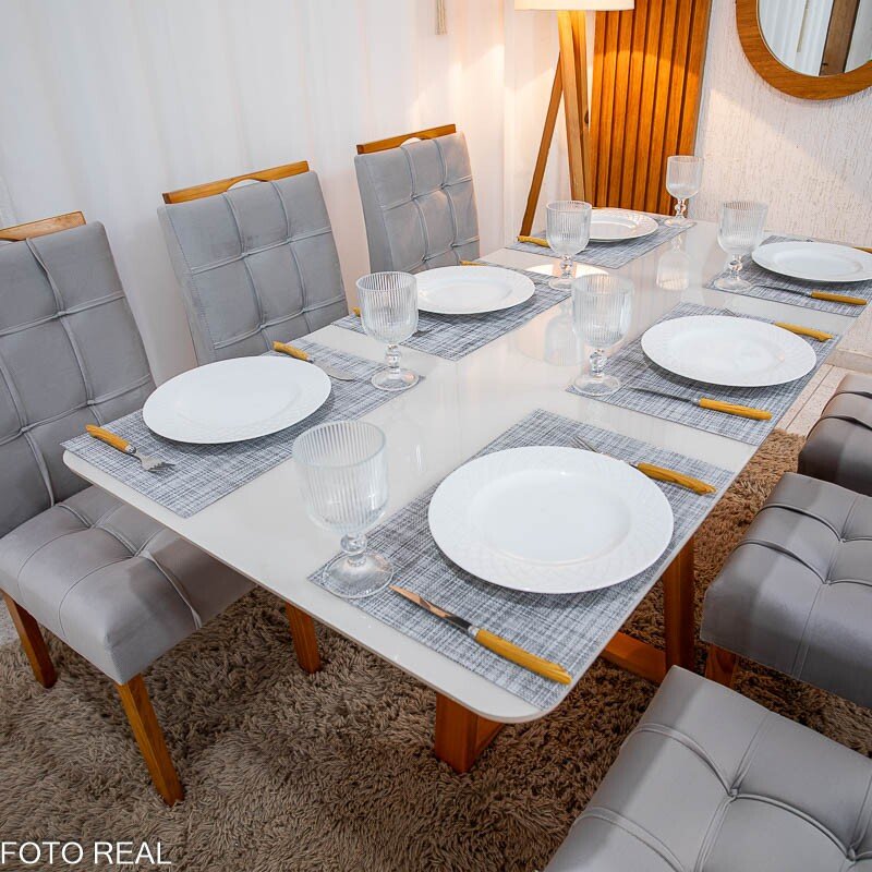 Mesa de Jantar Bali 160×80 Vidro Off/Base Madeira + 6 Cad. Londres Veludo Prata Madeira Minas Plac - Entregue Montada - Imagem 10