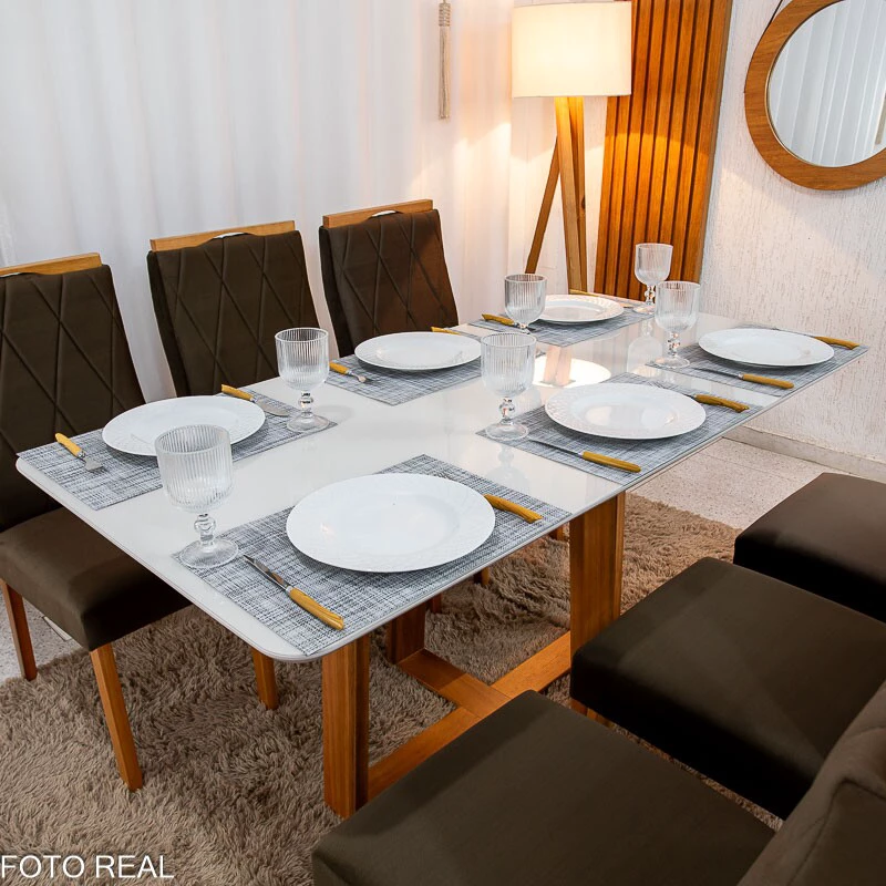 Mesa de Jantar Pedro 160×80 Vidro Off/Base Madeira + 6 Cad. Lisboa Veludo Marrom 509 Madeira Art Assento - Entregue Montada - Imagem 8