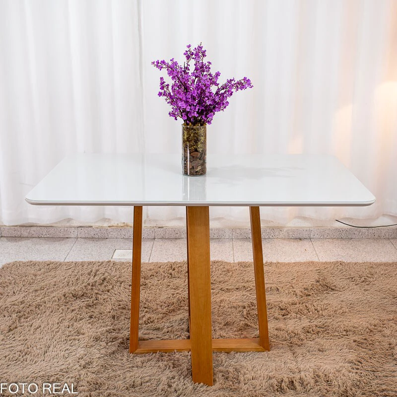 Mesa de Jantar Pedro 120x80 Vidro Off/Base Madeira + 4 Cad. Lisboa Veludo Bege 512 Madeira Art Assento - Entregue Montada - Imagem 2
