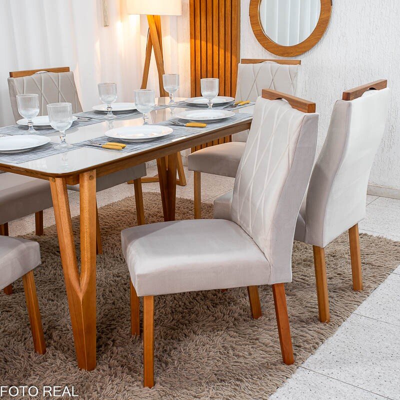Mesa de Jantar Siena 160x90 Vidro Off/Base Madeira + 6 Cad. Lisboa Veludo Bege 512 Madeira Art Assento - Entregue Montada - Imagem 8