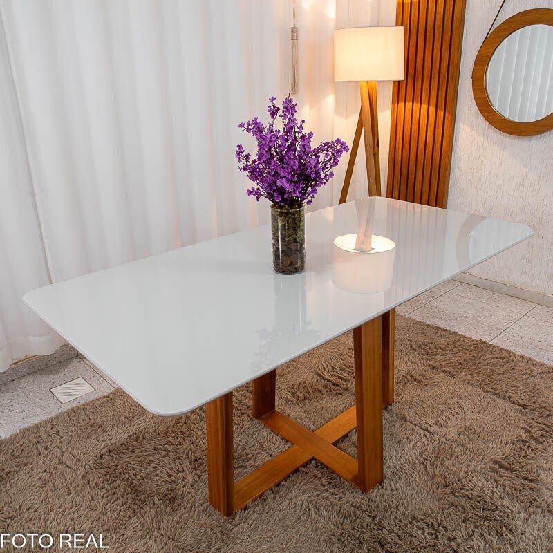 Mesa de Jantar Pedro 160×80 Vidro Off/Base Madeira + 6 Cad. Lisboa Veludo Marrom 509 Madeira Art Assento - Entregue Montada - Imagem 3