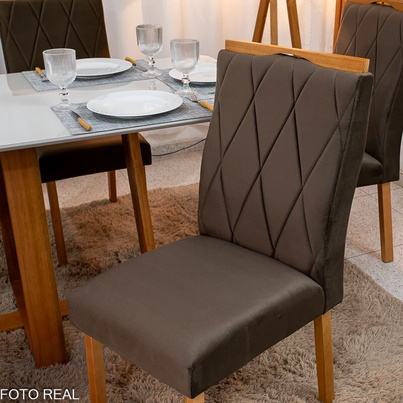 Mesa de Jantar Pedro 160×80 Vidro Off/Base Madeira + 6 Cad. Lisboa Veludo Marrom 509 Madeira Art Assento - Entregue Montada - Imagem 6