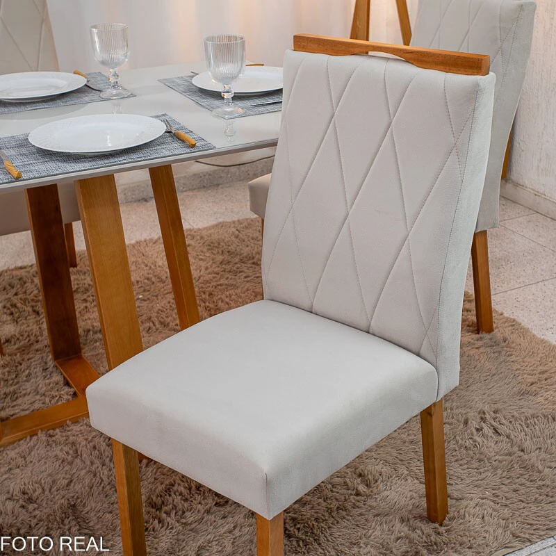 Mesa de Jantar Pedro 120x80 Vidro Off/Base Madeira + 4 Cad. Lisboa Veludo Bege 512 Madeira Art Assento - Entregue Montada - Imagem 5