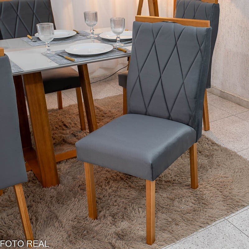 Mesa de Jantar Pedro 160x80 Vidro Off/Base Madeira + 6 Cad. Lisboa Veludo Cinza 507 Madeira Art Assento - Entregue Montada - Imagem 3