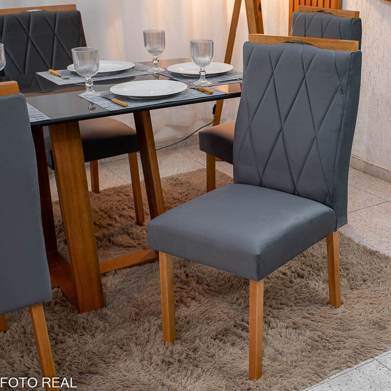 Mesa de Jantar Pedro 160×80 Vidro Grafite/Base Madeira + 6 Cad. Lisboa Veludo Cinza 507 Madeira Art Assento - Entregue Montada - Imagem 2