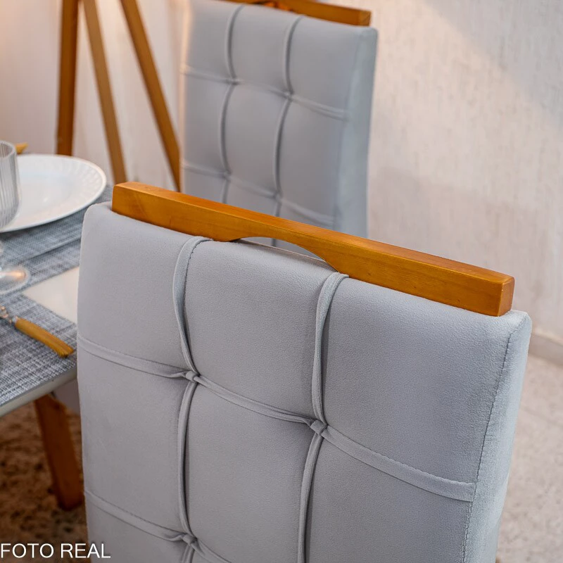 Mesa de Jantar Bali 160×80 Vidro Off/Base Madeira + 6 Cad. Londres Veludo Prata Madeira Minas Plac - Entregue Montada - Imagem 5