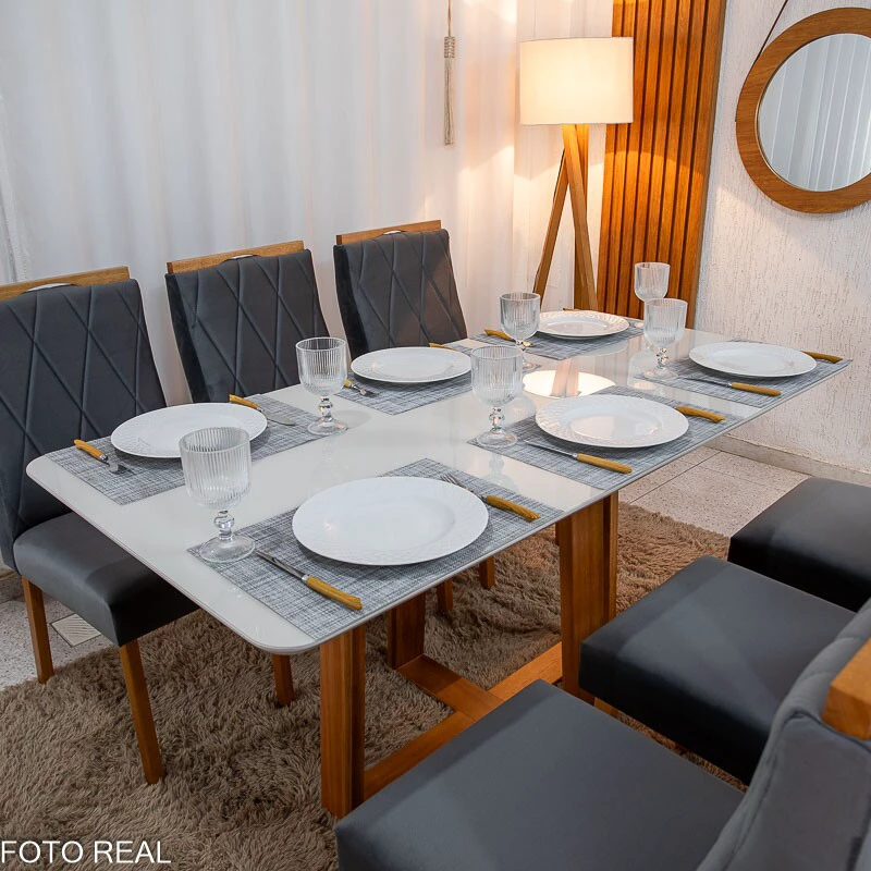 Mesa de Jantar Pedro 160x80 Vidro Off/Base Madeira + 6 Cad. Lisboa Veludo Cinza 507 Madeira Art Assento - Entregue Montada - Imagem 4