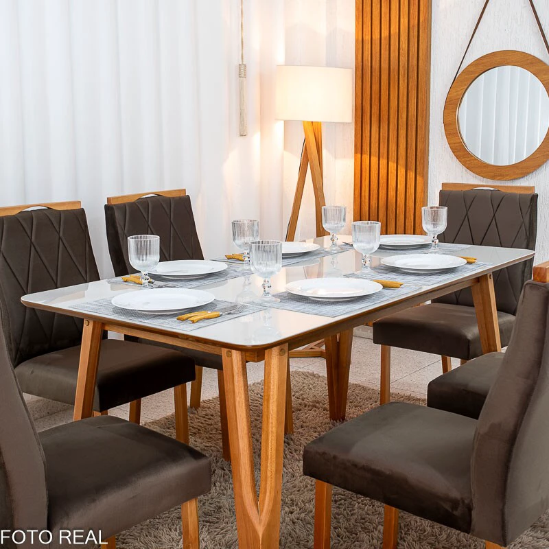 Mesa de Jantar Siena 160x90 Vidro Off/Base Madeira + 6 Cad. Lisboa Veludo Marrom 509 Madeira Art Assento - Entregue Montada - Imagem 9