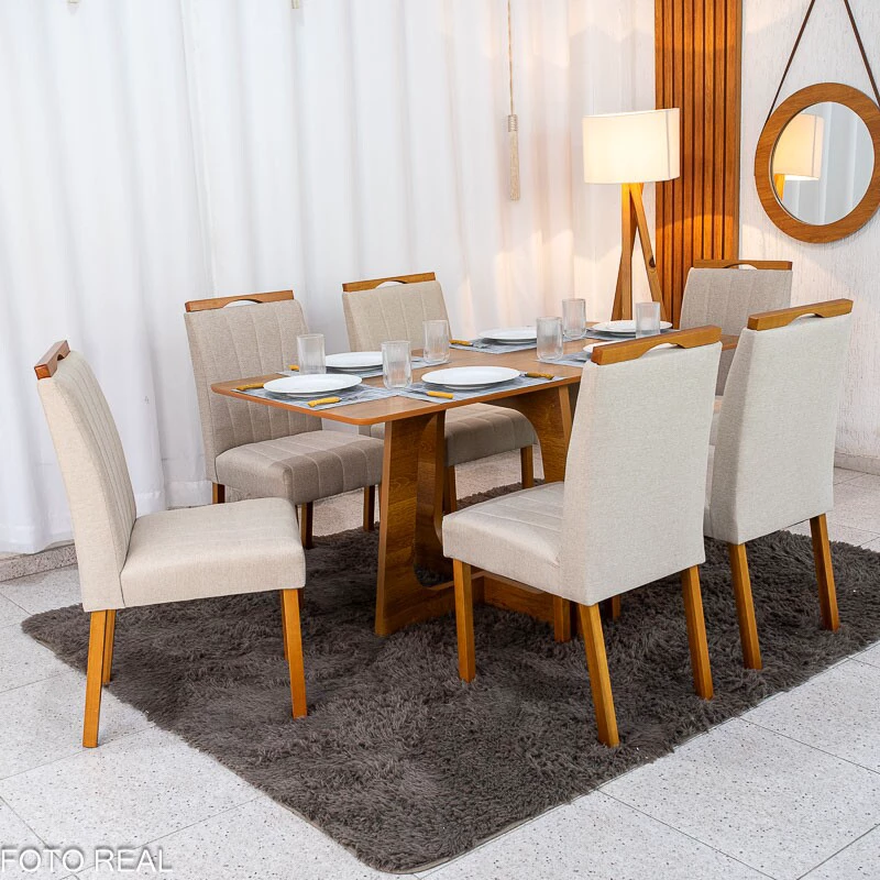 Mesa de Jantar Dubai Tampo Londres Cinamomo 160x80 Cel Móveis + 6 Cad. Isabela Linho Bege 01 Madeira KM Decor - Entregue Montada - Imagem 8