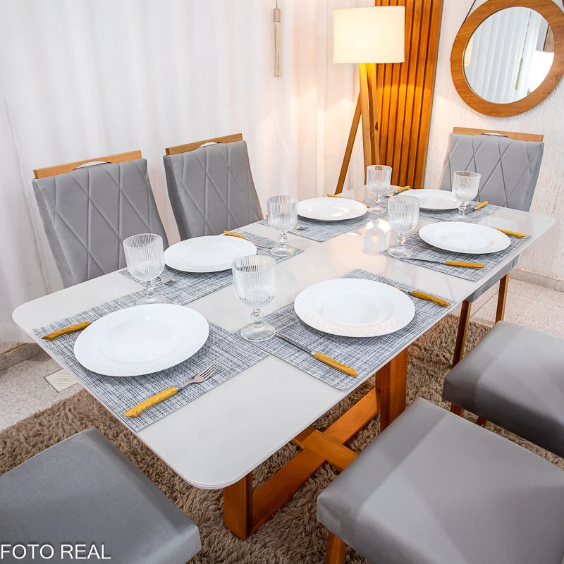 Mesa de Jantar Pedro 160×80 Vidro Off/Base Madeira + 6 Cad. Lisboa Veludo Prata 514 Madeira Art Assento - Entregue Montada - Imagem 6
