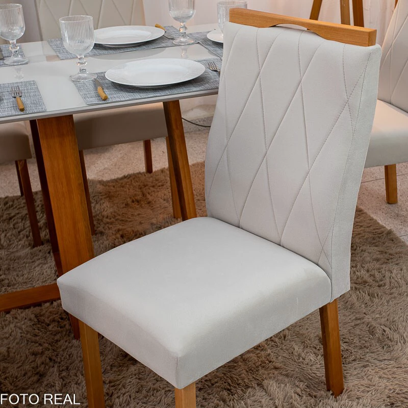 Mesa de Jantar Pedro 160×80 Vidro Off/Base Madeira + 6 Cad. Lisboa Veludo Bege 512 Madeira Art Assento - Entregue Montada - Imagem 8