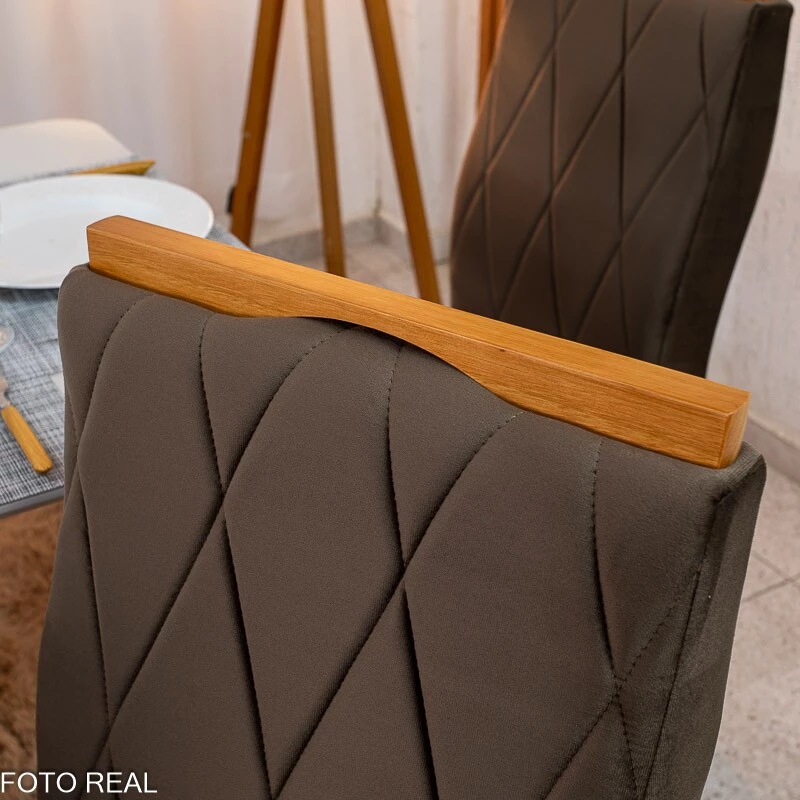 Mesa de Jantar Pedro 160×80 Vidro Off/Base Madeira + 6 Cad. Lisboa Veludo Marrom 509 Madeira Art Assento - Entregue Montada - Imagem 5