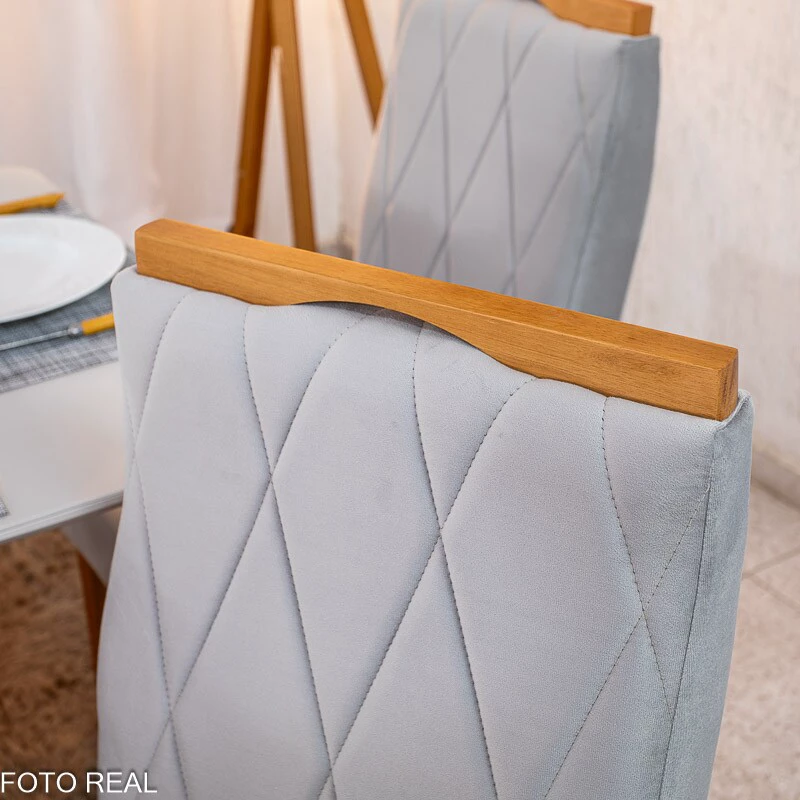 Mesa de Jantar Pedro 160×80 Vidro Off/Base Madeira + 6 Cad. Lisboa Veludo Prata 514 Madeira Art Assento - Entregue Montada - Imagem 4