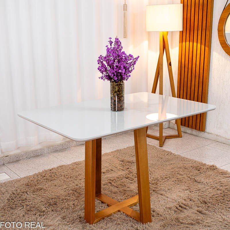Mesa de Jantar Pedro 120x80 Vidro Off/Base Madeira + 4 Cad. Lisboa Veludo Bege 512 Madeira Art Assento - Entregue Montada - Imagem 3