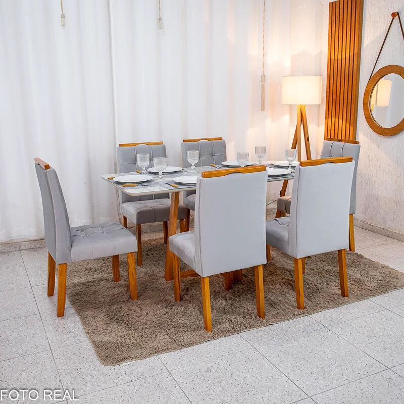 Mesa de Jantar Bali 160×80 Vidro Off/Base Madeira + 6 Cad. Londres Veludo Prata Madeira Minas Plac - Entregue Montada - Imagem 9