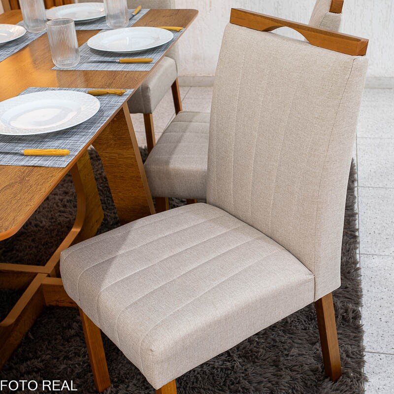 Mesa de Jantar Dubai Tampo Londres Cinamomo 160x80 Cel Móveis + 6 Cad. Isabela Linho Bege 01 Madeira KM Decor - Entregue Montada - Imagem 3