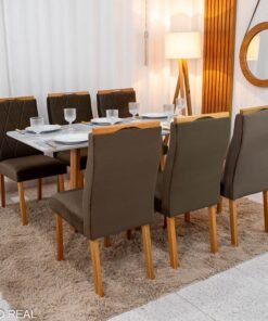 Mesa de Jantar Pedro 160×80 Vidro Off/Base Madeira + 6 Cad. Lisboa Veludo Marrom 509 Madeira Art Assento - Entregue Montada