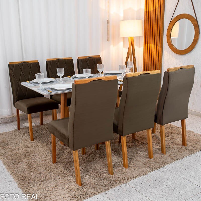 Mesa de Jantar Pedro 160×80 Vidro Off/Base Madeira + 6 Cad. Lisboa Veludo Marrom 509 Madeira Art Assento - Entregue Montada