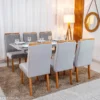 Mesa de Jantar Pedro 160×80 Vidro Off/Base Madeira + 6 Cad. Lisboa Veludo Prata 514 Madeira Art Assento - Entregue Montada