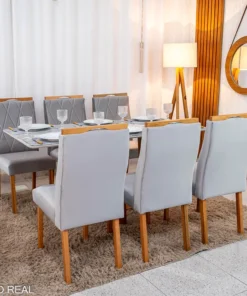 Mesa de Jantar Pedro 160×80 Vidro Off/Base Madeira + 6 Cad. Lisboa Veludo Prata 514 Madeira Art Assento - Entregue Montada
