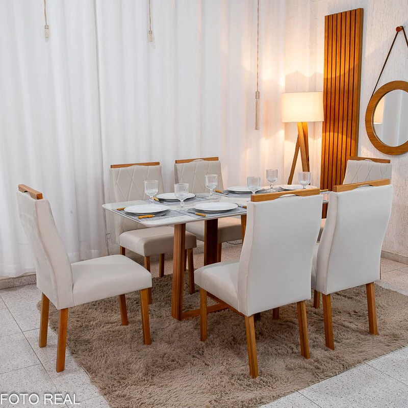 Mesa de Jantar Pedro 160×80 Vidro Off/Base Madeira + 6 Cad. Lisboa Veludo Bege 512 Madeira Art Assento - Entregue Montada - Imagem 5