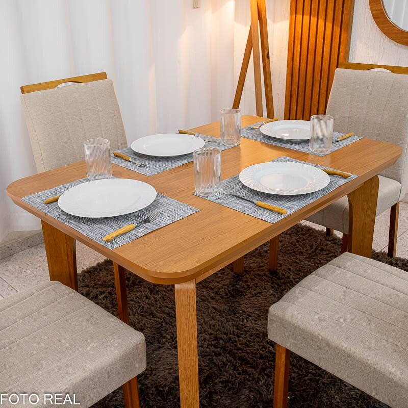 Mesa de Jantar Londrina 120x80 Cinamomo Rufato + 4 Cad. Isabela Linho Bege 01 Madeira - KM Decor
