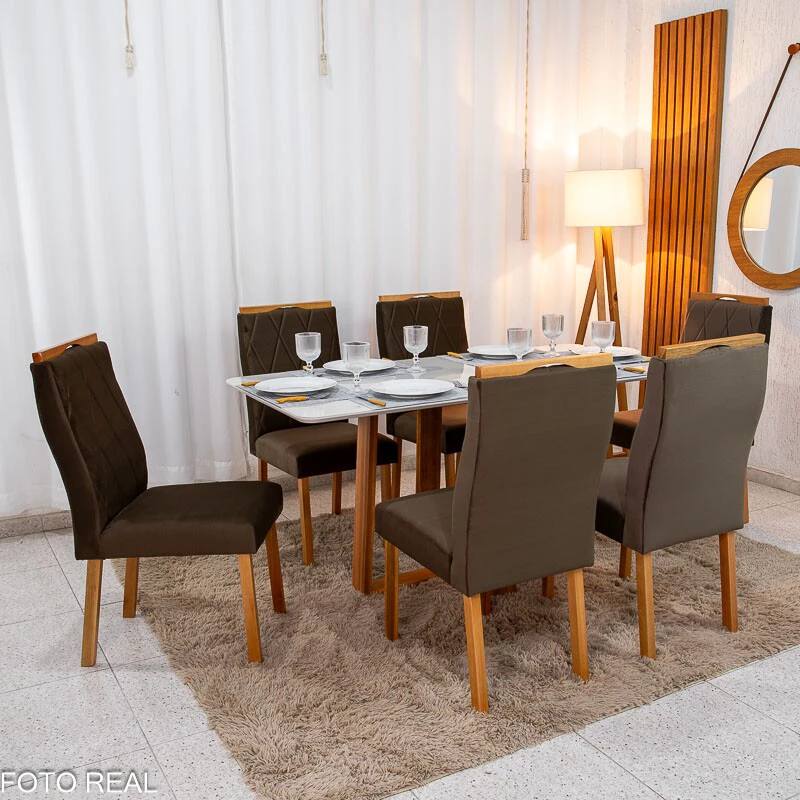 Mesa de Jantar Pedro 160×80 Vidro Off/Base Madeira + 6 Cad. Lisboa Veludo Marrom 509 Madeira Art Assento - Entregue Montada - Imagem 11