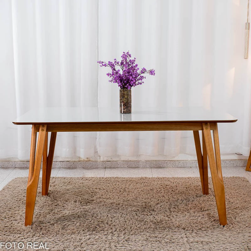 Mesa de Jantar Siena 160x90 Vidro Off/Base Madeira + 6 Cad. Lisboa Veludo Bege 512 Madeira Art Assento - Entregue Montada - Imagem 4